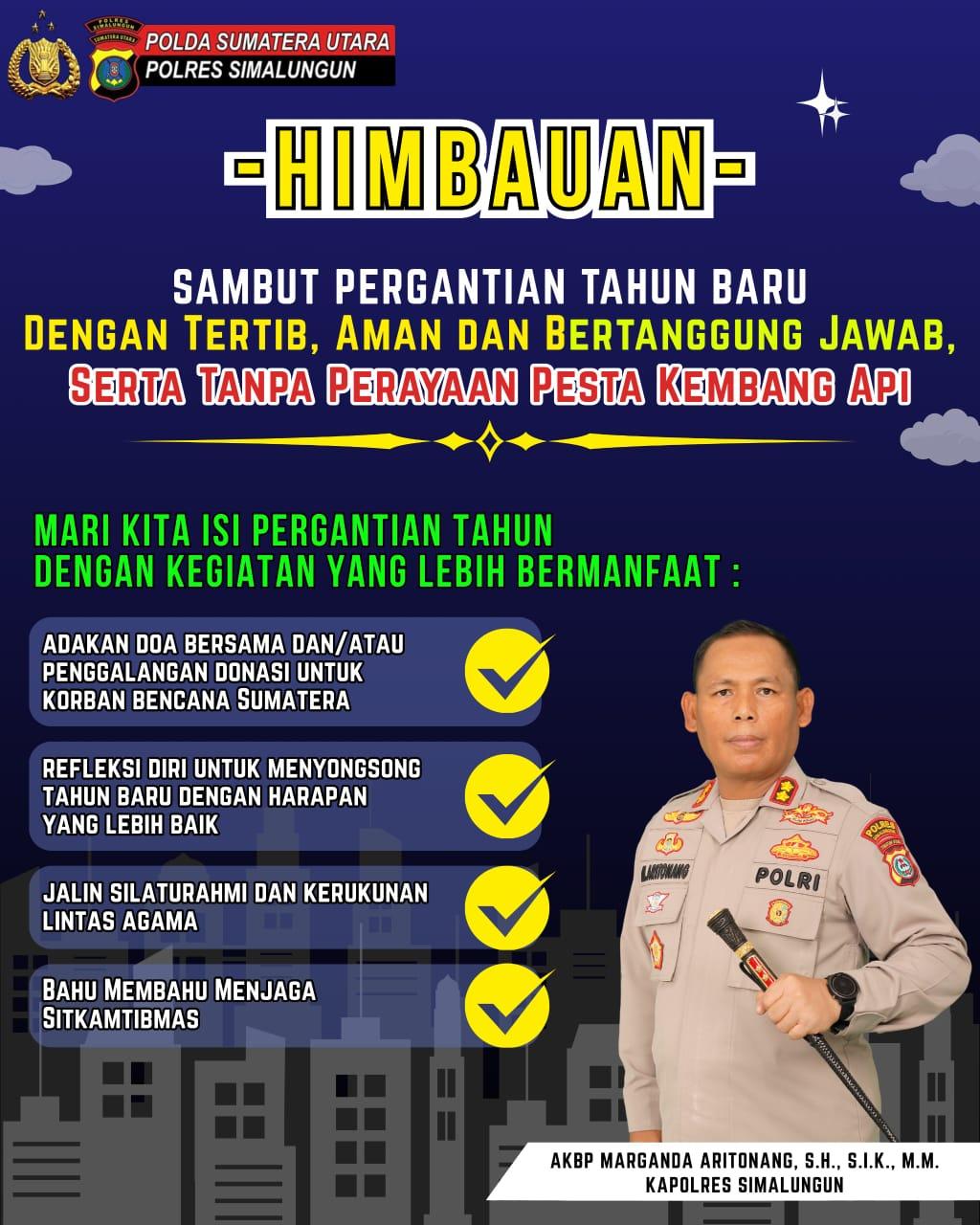 Kapolres Simalungun Ajak Warga Rayakan Tahun Baru 2026 dengan Tertib, Tanpa Kembang Api Kapolres Simalungun Ajak Warga Rayakan Tahun Baru 2026 dengan Tertib, Tanpa Kembang Api